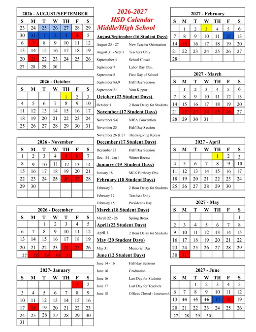 Haddonfield School District HSD MiddleHigh School 2026–2027 Academic Calendar Page 1