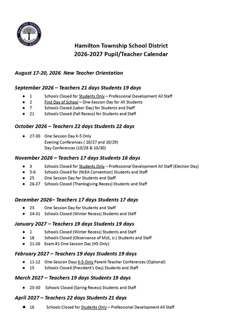 Hamilton Township School District 2026–2027 Academic Calendar Page 1