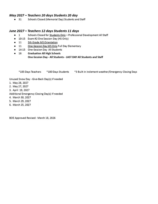 Hamilton Township School District 2026–2027 Academic Calendar Page 2