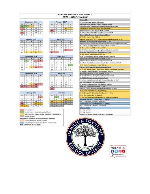 Hamilton Township School District 2026–2027 Academic Calendar Page 3
