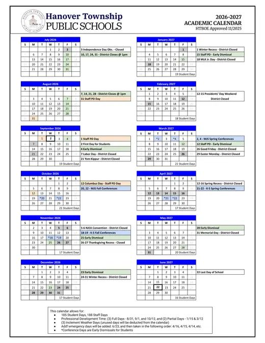 Hanover Township Public Schools 2026–2027 Academic Calendar
