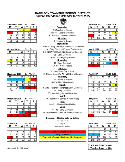 Harrison Township School District 2026–2027 Academic Calendar Page 1