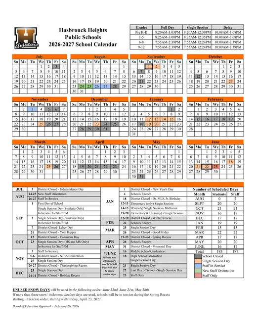 Hasbrouck Heights Public Schools 2026–2027 Academic Calendar Page 1