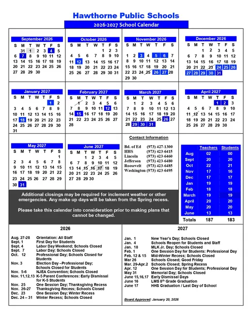 Hawthorne Public Schools 2026–2027 Academic Calendar