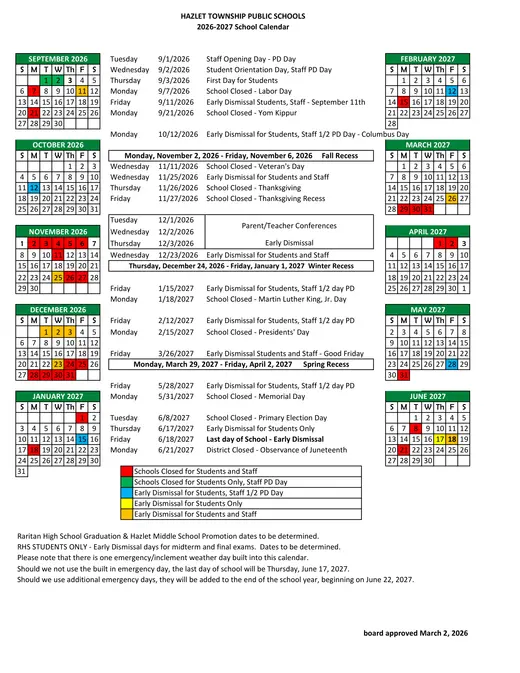 Hazlet Township Public Schools 2026–2027 Academic Calendar Page 1