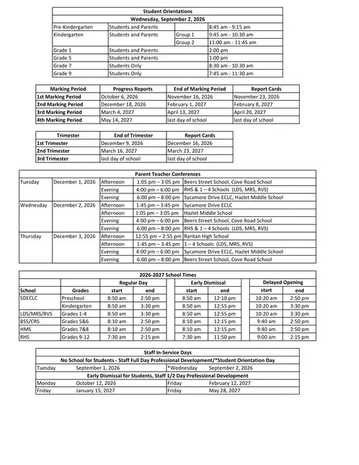 Hazlet Township Public Schools 2026–2027 Academic Calendar Page 2