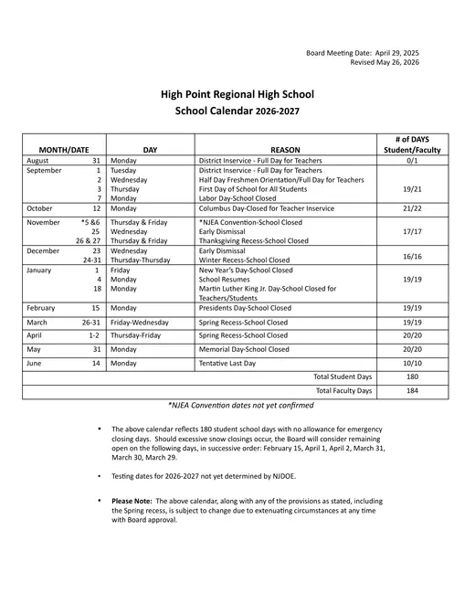 High Point Regional High School 2026–2027 Academic Calendar