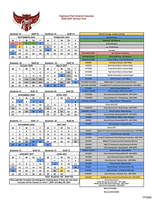 Highland Park District 2026–2027 Academic Calendar
