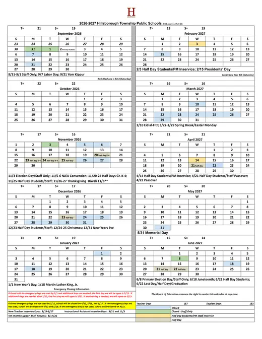 Hillsborough Township Public Schools 2026–2027 Academic Calendar Page 1
