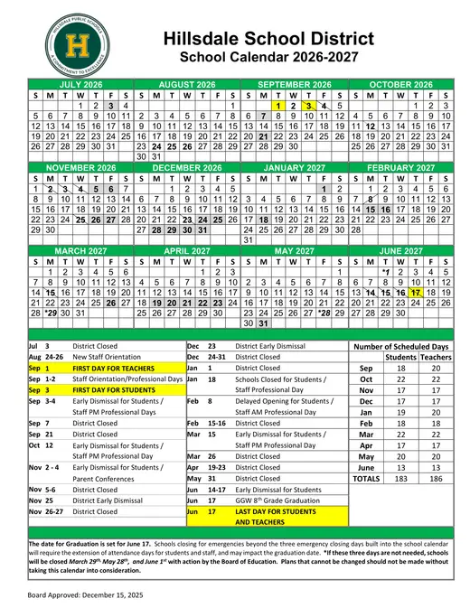 Hillsdale School District 2026–2027 Academic Calendar Page 1