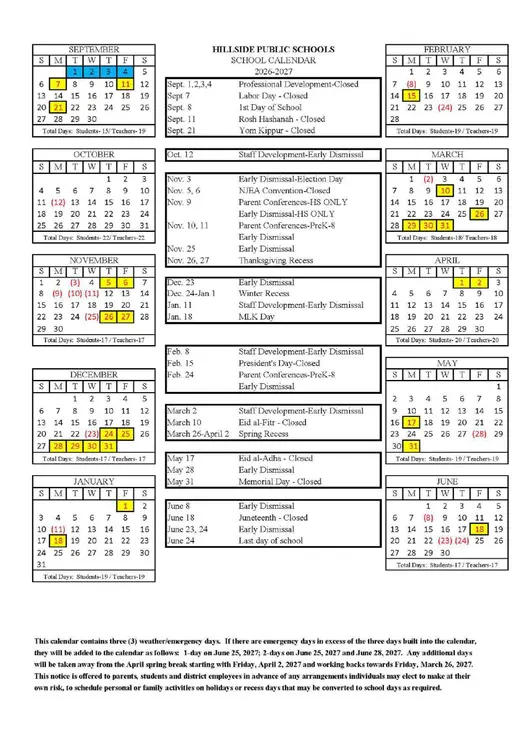 Hillside Public Schools 2026–2027 Academic Calendar