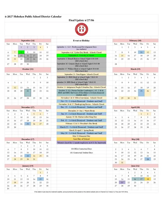 Hoboken Public School District 2026–2027 Academic Calendar Page 1