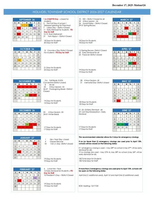 Holmdel Township School District 2026–2027 Academic Calendar