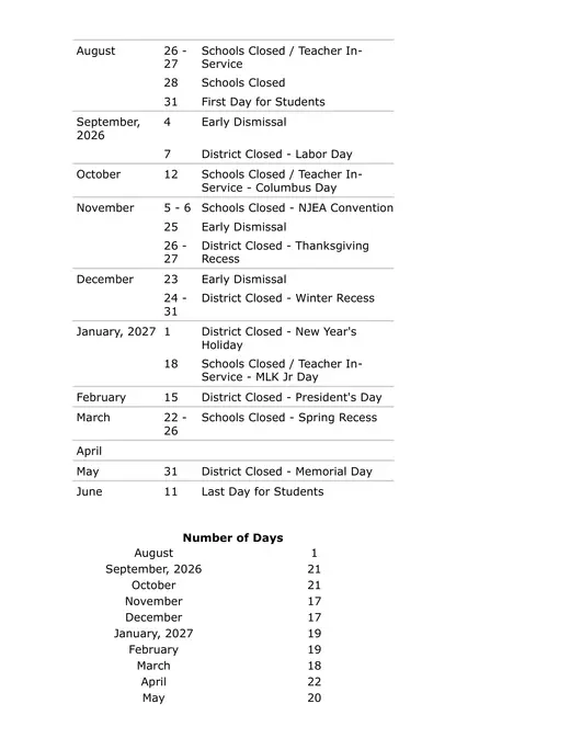 Hopatcong Borough Schools 2026–2027 Academic Calendar Page 1