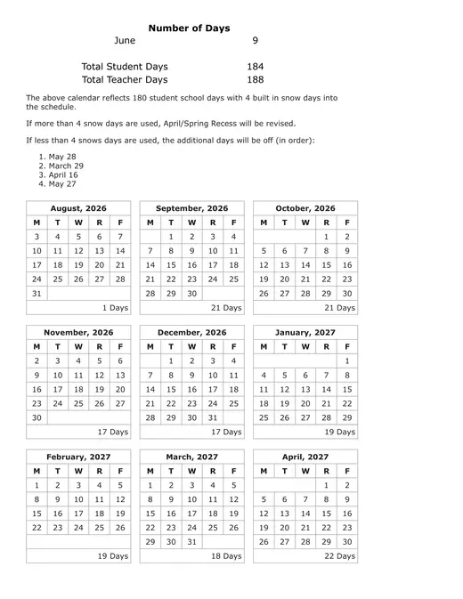 Hopatcong Borough Schools 2026–2027 Academic Calendar Page 2