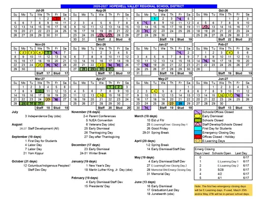 Hopewell Valley Regional School District 2026–2027 Academic Calendar