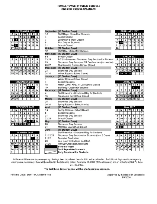 Howell Township Public Schools 2026–2027 Academic Calendar Page 1
