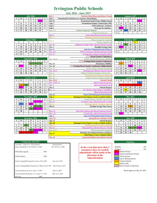 Irvington Public Schools 2026–2027 Academic Calendar