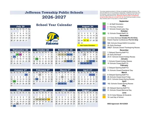 Jefferson Township Public Schools 2026–2027 Academic Calendar