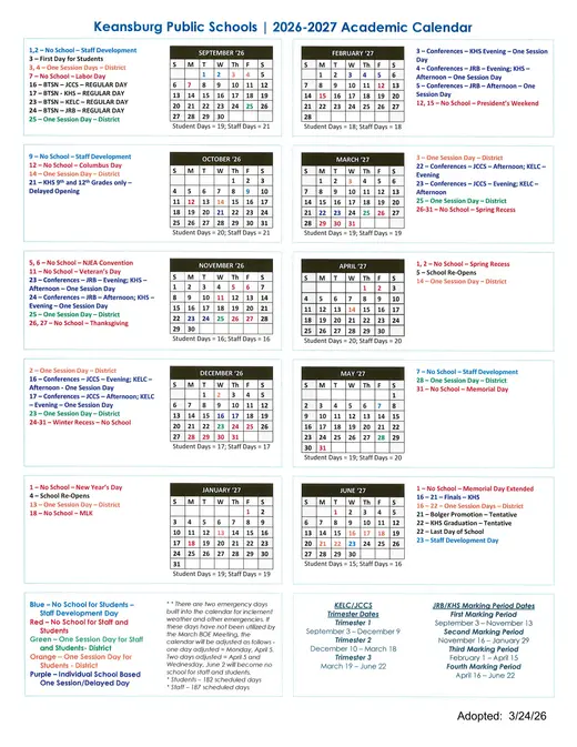 Keansburg Public Schools 2026–2027 Academic Calendar Page 1