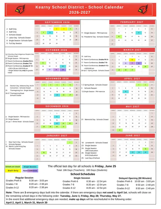 Kearny School District 2026–2027 Academic Calendar