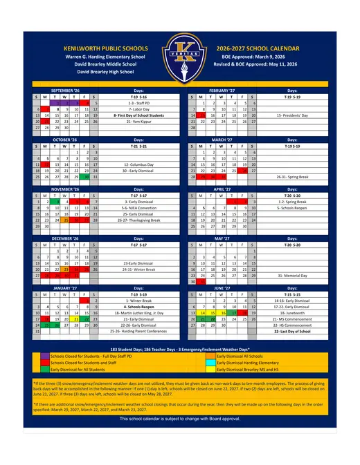 Kenilworth Public Schools 2026–2027 Academic Calendar