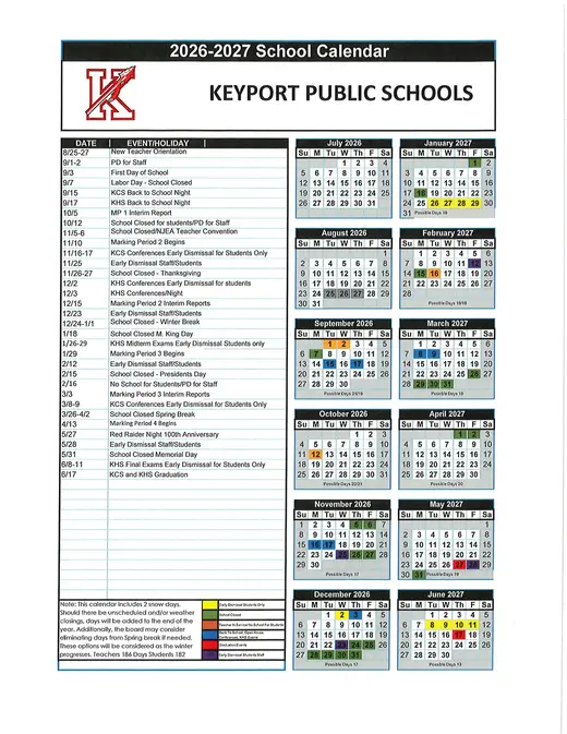 Keyport Public Schools 2026–2027 Academic Calendar