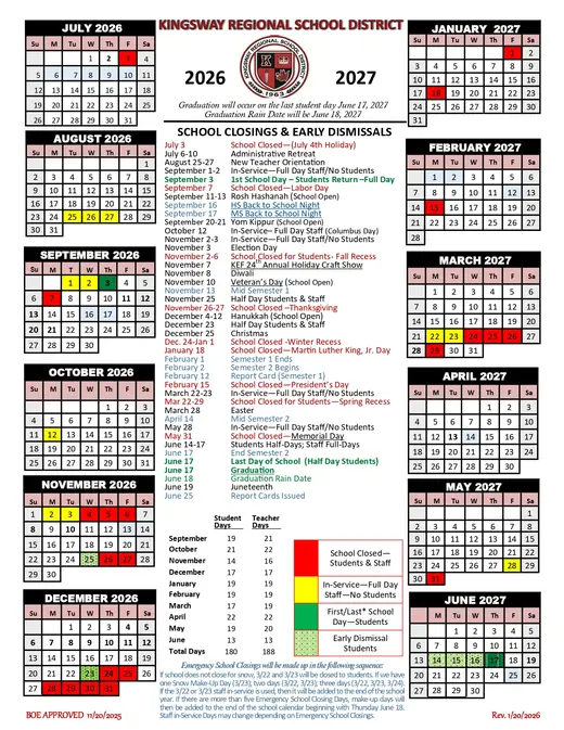 Kingsway Regional School District 2026–2027 Academic Calendar