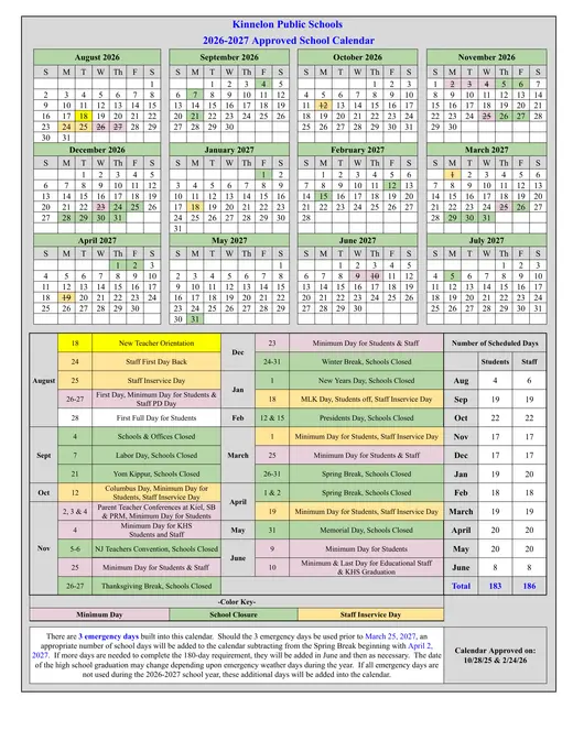 Kinnelon Public Schools 2026–2027 Academic Calendar