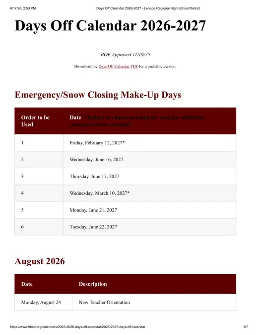 Lenape Regional High School District 2026–2027 Academic Calendar Page 1