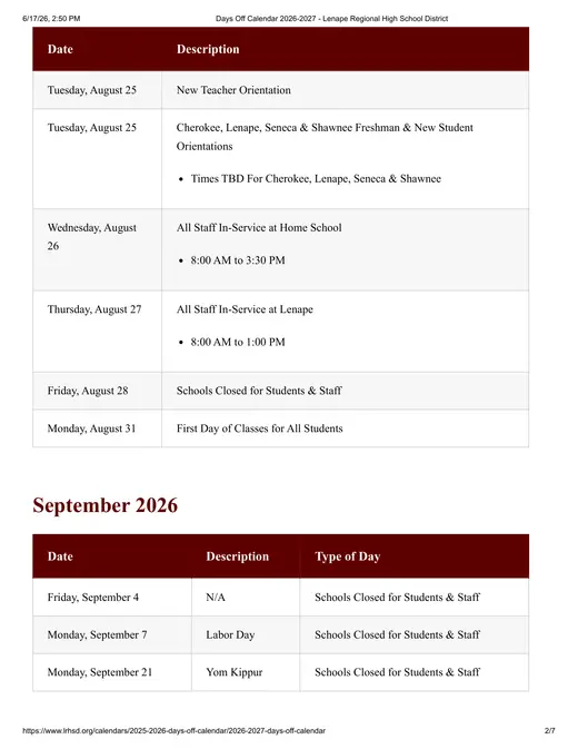 Lenape Regional High School District 2026–2027 Academic Calendar Page 2