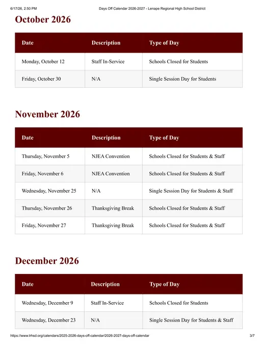 Lenape Regional High School District 2026–2027 Academic Calendar Page 3