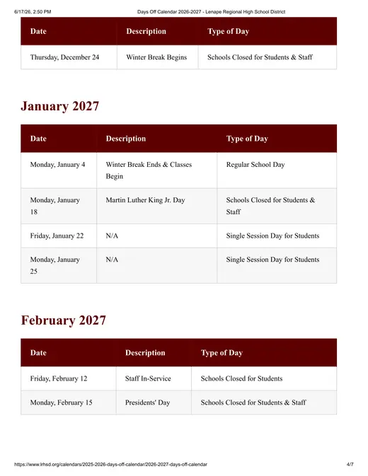 Lenape Regional High School District 2026–2027 Academic Calendar Page 4