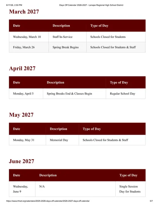 Lenape Regional High School District 2026–2027 Academic Calendar Page 5