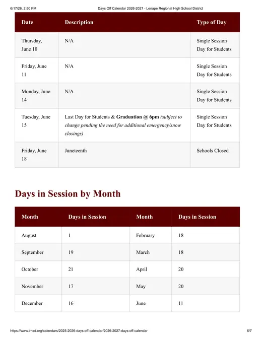 Lenape Regional High School District 2026–2027 Academic Calendar Page 6