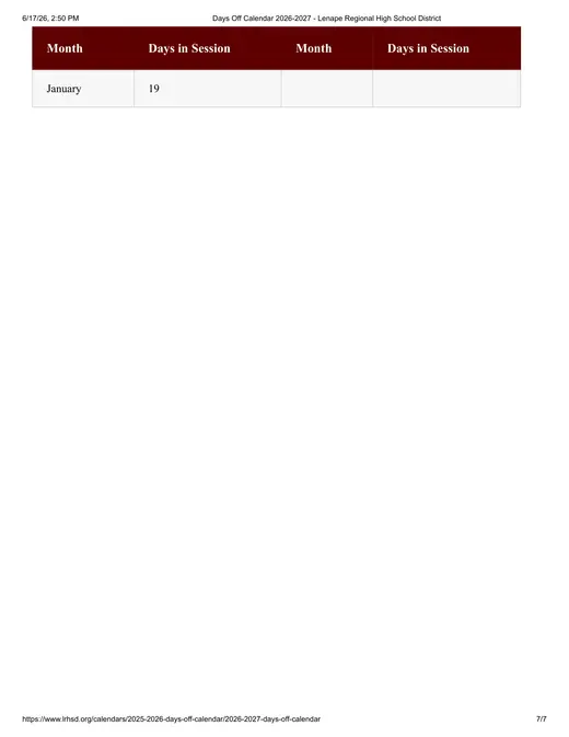 Lenape Regional High School District 2026–2027 Academic Calendar Page 7