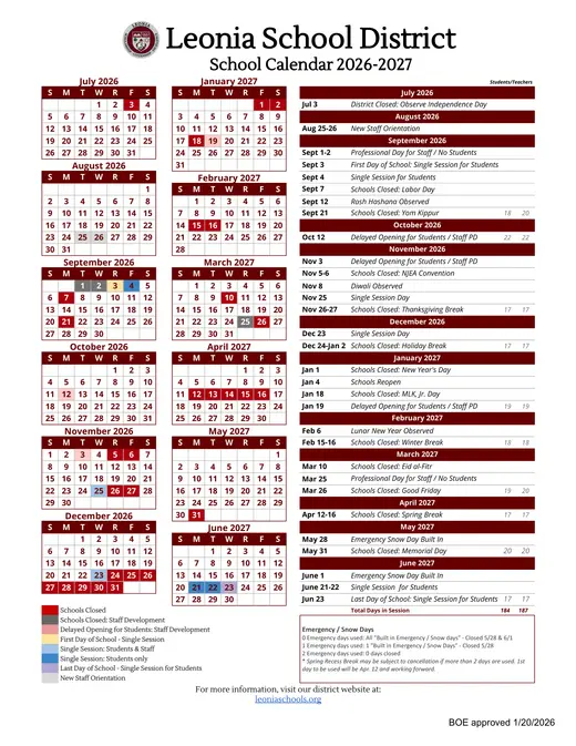 Leonia School District 2026–2027 Academic Calendar Page 1