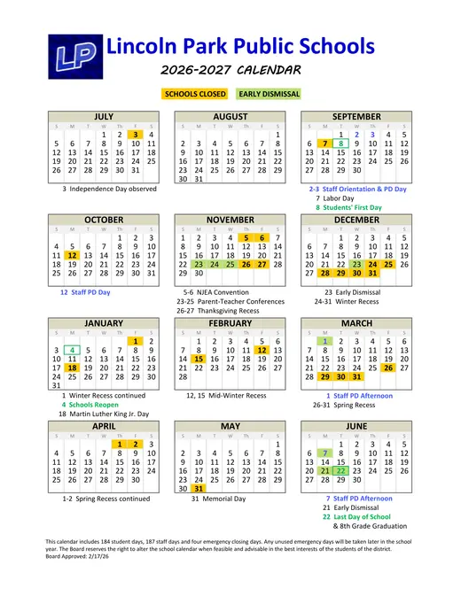 Lincoln Park Public Schools 2026–2027 Academic Calendar