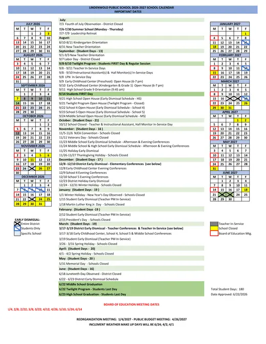 Lindenwold Public School 2026–2027 Academic Calendar Page 1