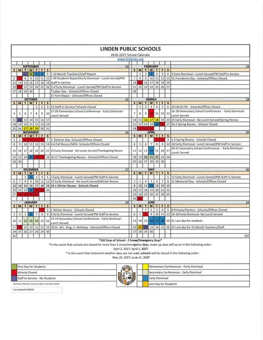 Lindenwold Public Schools 2026–2027 Academic Calendar Page 1
