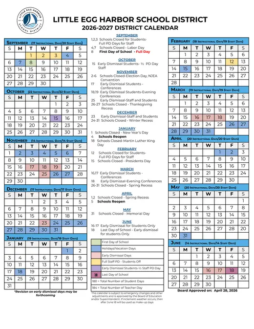 Little Egg Harbor School District 2026–2027 Academic Calendar