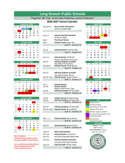 Long Branch Public Schools 2026–2027 Academic Calendar