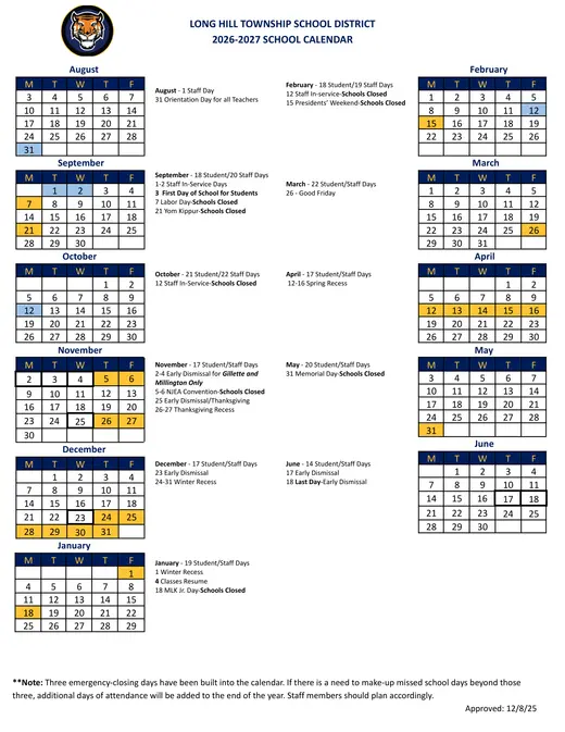 Long Hill Township School District 2026–2027 Academic Calendar