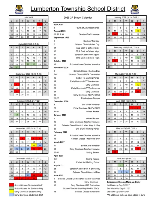 Lumberton Township School District 2026–2027 Academic Calendar Page 1
