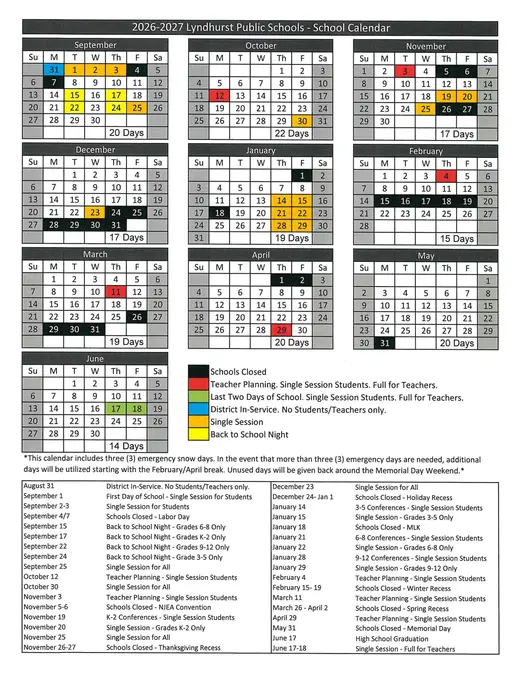 Lyndhurst Public Schools 2026–2027 Academic Calendar