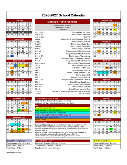 Madison Public Schools 2026–2027 Academic Calendar