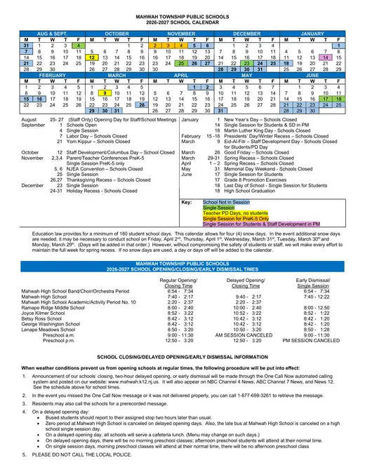 Mahwah Township Public Schools 2026–2027 Academic Calendar