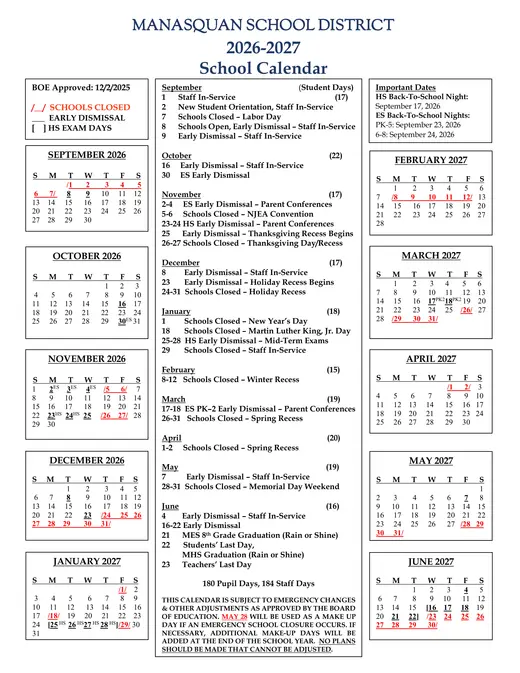 Manasquan School District 2026–2027 Academic Calendar Page 1