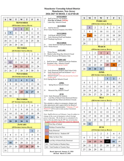 Manchester Township School District 2026–2027 Academic Calendar Page 1