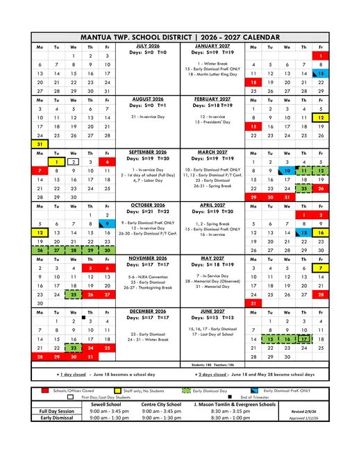 Mantua Twp. School District 2026–2027 Academic Calendar Page 1